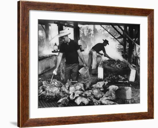 Men Preparing Chicken and Pork During Swamp Barbeque-null-Framed Photographic Print