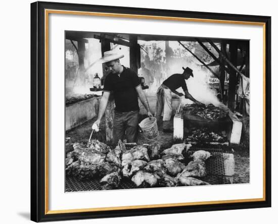 Men Preparing Chicken and Pork During Swamp Barbeque-null-Framed Photographic Print