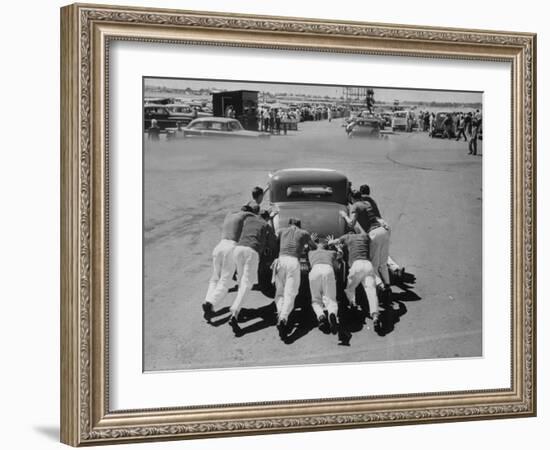 Men Pushing Car During Nat. Hot Rod Assoc. Drag Meet-Ralph Crane-Framed Photographic Print