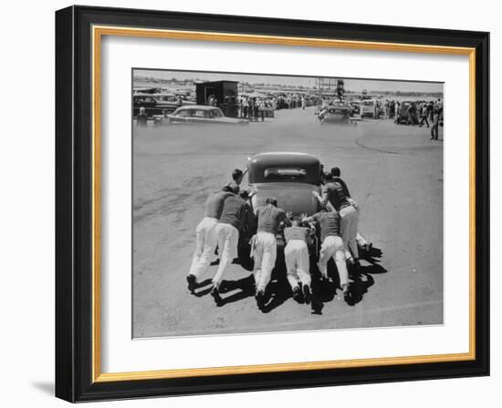 Men Pushing Car During Nat. Hot Rod Assoc. Drag Meet-Ralph Crane-Framed Photographic Print