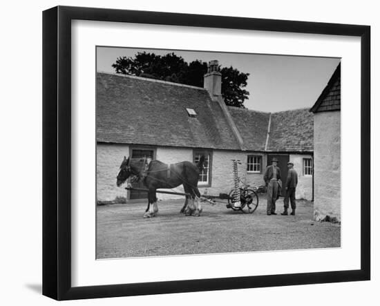 Men Standing Near Horse-Drawn Farming Equipment-null-Framed Photographic Print