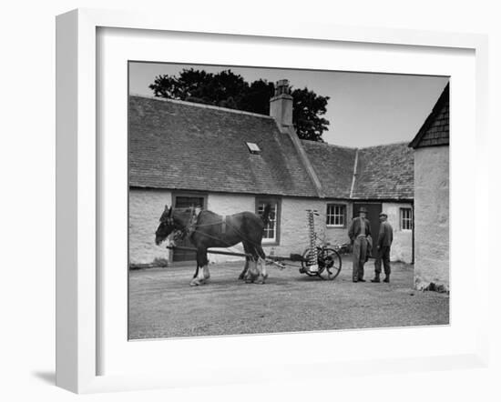 Men Standing Near Horse-Drawn Farming Equipment-null-Framed Photographic Print