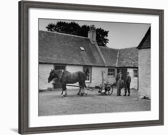 Men Standing Near Horse-Drawn Farming Equipment-null-Framed Photographic Print