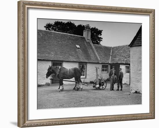 Men Standing Near Horse-Drawn Farming Equipment-null-Framed Photographic Print