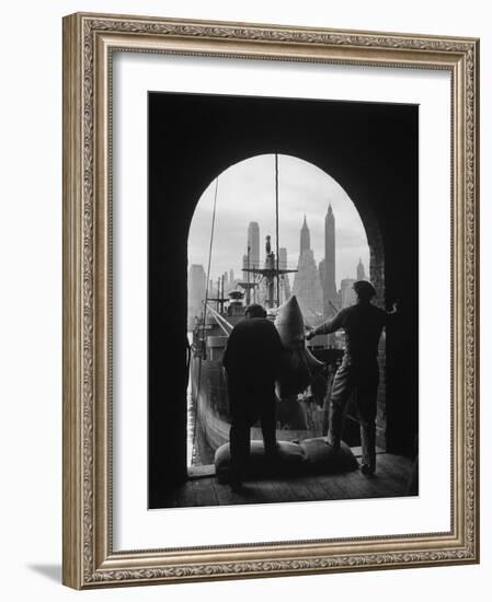 Men Unloading Coffee at Brooklyn Dock. View of Downtown Manhattan in Background-Andreas Feininger-Framed Photographic Print