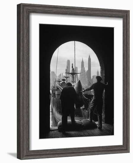 Men Unloading Coffee at Brooklyn Dock. View of Downtown Manhattan in Background-Andreas Feininger-Framed Photographic Print