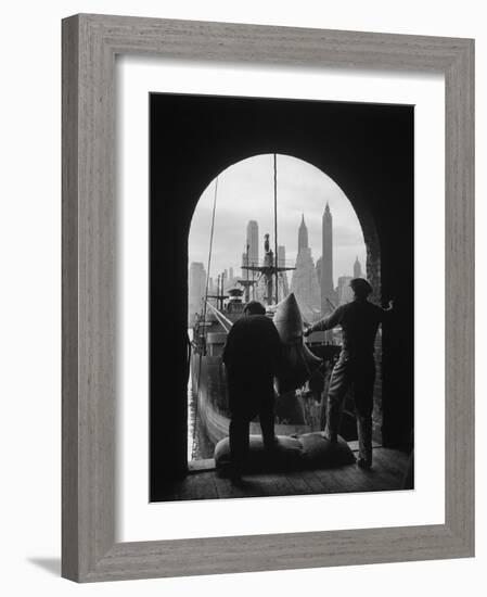 Men Unloading Coffee at Brooklyn Dock. View of Downtown Manhattan in Background-Andreas Feininger-Framed Photographic Print