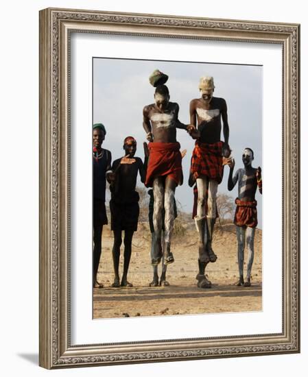 Men Wearing Traditional Body Paint in Nyangatom Village Dance, Omo River Valley, Ethiopia-Alison Jones-Framed Photographic Print