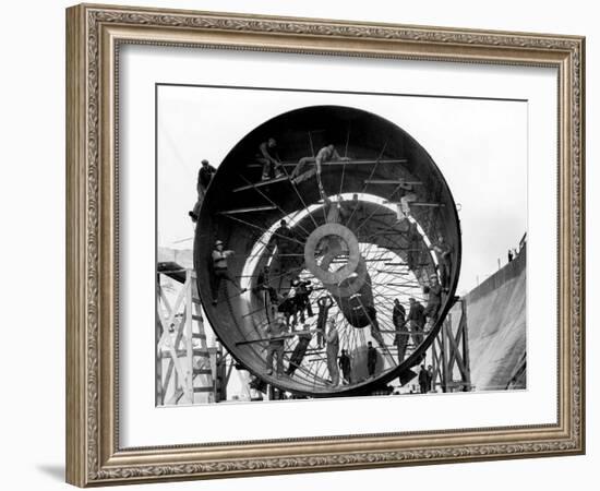 Men Working on Pipes Used to Divert Section of Missouri River During Building of Fort Peck Dam-Margaret Bourke-White-Framed Photographic Print