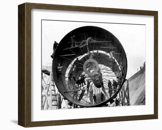 Men Working on Pipes Used to Divert Section of Missouri River During Building of Fort Peck Dam-Margaret Bourke-White-Framed Photographic Print