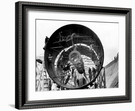 Men Working on Pipes Used to Divert Section of Missouri River During Building of Fort Peck Dam-Margaret Bourke-White-Framed Photographic Print