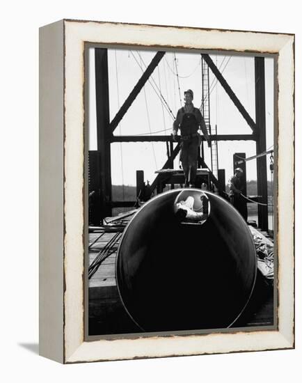 Men Working on the Texas Illinois Natural Gas Company's Pipeline Suspension Bridge-John Dominis-Framed Premier Image Canvas