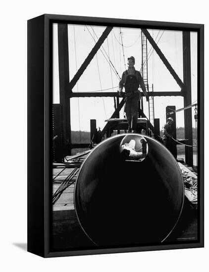 Men Working on the Texas Illinois Natural Gas Company's Pipeline Suspension Bridge-John Dominis-Framed Premier Image Canvas