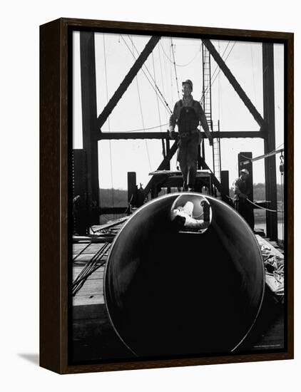 Men Working on the Texas Illinois Natural Gas Company's Pipeline Suspension Bridge-John Dominis-Framed Premier Image Canvas