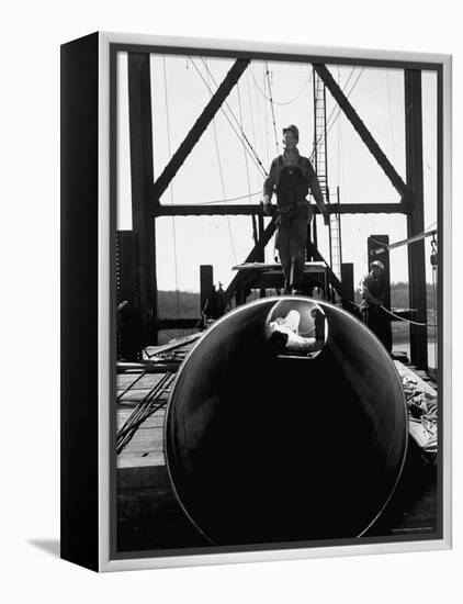 Men Working on the Texas Illinois Natural Gas Company's Pipeline Suspension Bridge-John Dominis-Framed Premier Image Canvas