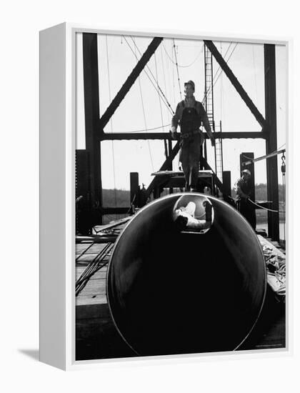 Men Working on the Texas Illinois Natural Gas Company's Pipeline Suspension Bridge-John Dominis-Framed Premier Image Canvas