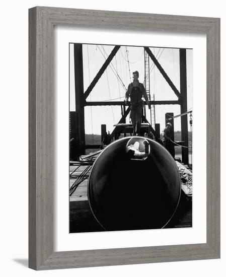 Men Working on the Texas Illinois Natural Gas Company's Pipeline Suspension Bridge-John Dominis-Framed Photographic Print