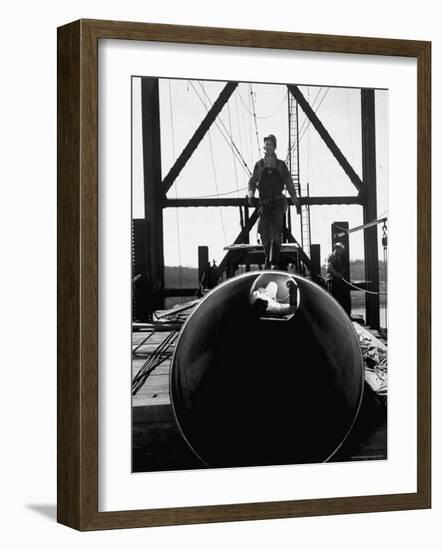 Men Working on the Texas Illinois Natural Gas Company's Pipeline Suspension Bridge-John Dominis-Framed Photographic Print