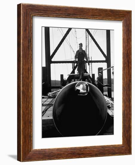 Men Working on the Texas Illinois Natural Gas Company's Pipeline Suspension Bridge-John Dominis-Framed Photographic Print