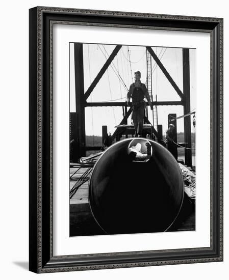 Men Working on the Texas Illinois Natural Gas Company's Pipeline Suspension Bridge-John Dominis-Framed Photographic Print