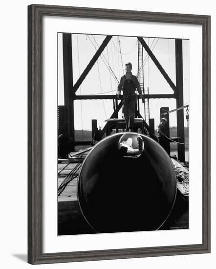 Men Working on the Texas Illinois Natural Gas Company's Pipeline Suspension Bridge-John Dominis-Framed Photographic Print