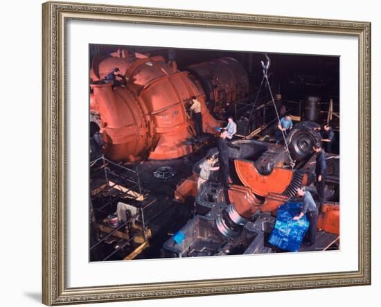 Men Working on Turbine Engine Parts For US Military Use in Machine Shop, General Electric Plant-Dmitri Kessel-Framed Photographic Print