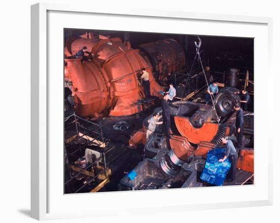 Men Working on Turbine Engine Parts For US Military Use in Machine Shop, General Electric Plant-Dmitri Kessel-Framed Photographic Print