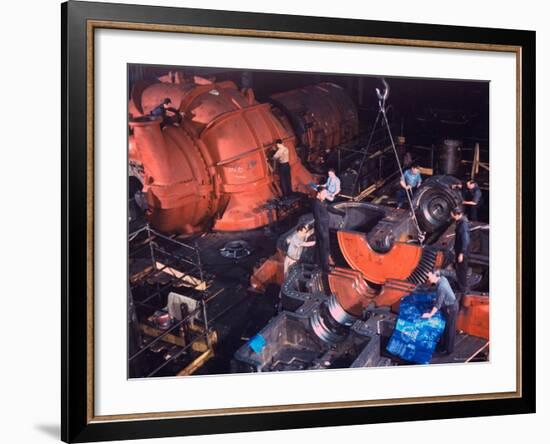 Men Working on Turbine Engine Parts For US Military Use in Machine Shop, General Electric Plant-Dmitri Kessel-Framed Photographic Print