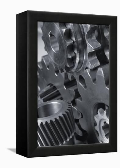 Menagerie Of Cogwheels, Gears Connecting In Black And White-lagardie-Framed Premier Image Canvas