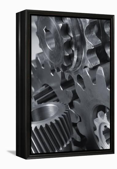 Menagerie Of Cogwheels, Gears Connecting In Black And White-lagardie-Framed Premier Image Canvas