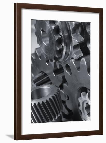 Menagerie Of Cogwheels, Gears Connecting In Black And White-lagardie-Framed Photographic Print