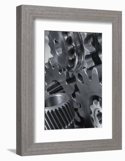 Menagerie Of Cogwheels, Gears Connecting In Black And White-lagardie-Framed Photographic Print