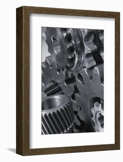 Menagerie Of Cogwheels, Gears Connecting In Black And White-lagardie-Framed Photographic Print