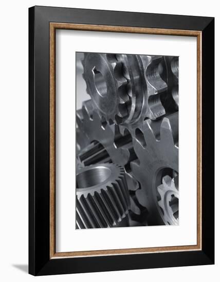 Menagerie Of Cogwheels, Gears Connecting In Black And White-lagardie-Framed Photographic Print