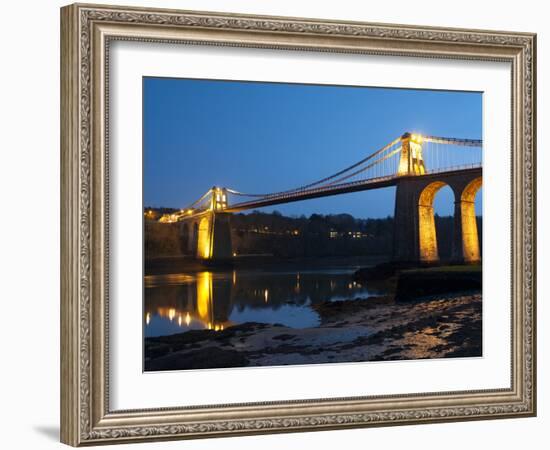 Menai Bridge Illuminated at Dusk, Gwynedd, Anglesey, North Wales, Wales, United Kingdom, Europe-Chris Hepburn-Framed Photographic Print