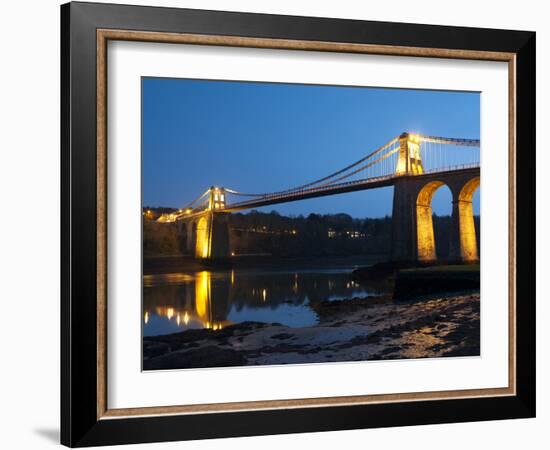 Menai Bridge Illuminated at Dusk, Gwynedd, Anglesey, North Wales, Wales, United Kingdom, Europe-Chris Hepburn-Framed Photographic Print