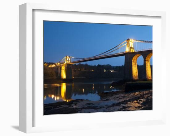 Menai Bridge Illuminated at Dusk, Gwynedd, Anglesey, North Wales, Wales, United Kingdom, Europe-Chris Hepburn-Framed Photographic Print