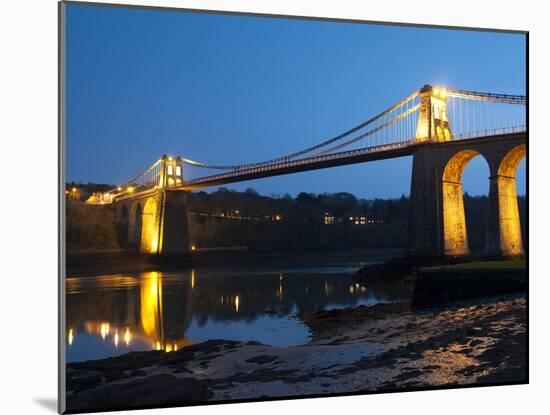 Menai Bridge Illuminated at Dusk, Gwynedd, Anglesey, North Wales, Wales, United Kingdom, Europe-Chris Hepburn-Mounted Photographic Print