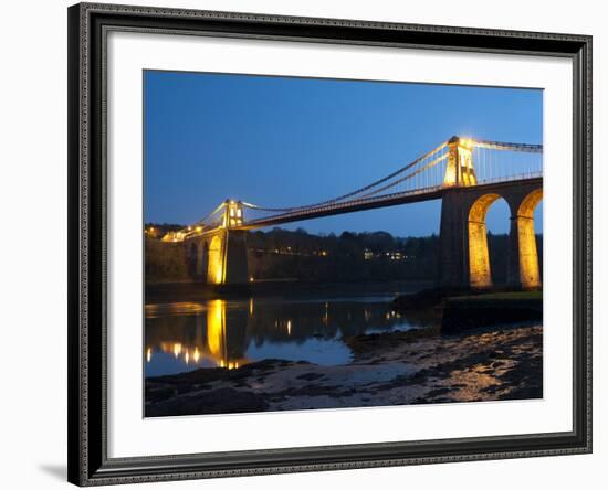 Menai Bridge Illuminated at Dusk, Gwynedd, Anglesey, North Wales, Wales, United Kingdom, Europe-Chris Hepburn-Framed Photographic Print