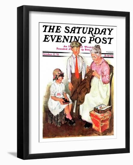 "Mending His Jacket," Saturday Evening Post Cover, October 17, 1931-Ellen Pyle-Framed Giclee Print