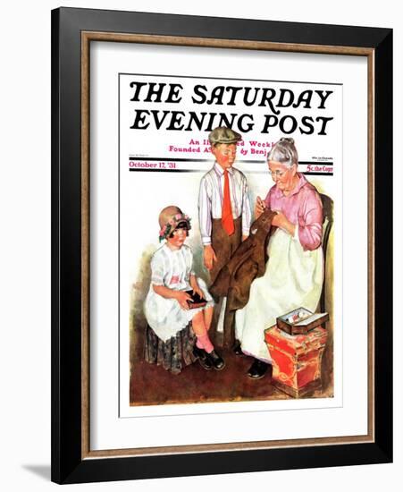 "Mending His Jacket," Saturday Evening Post Cover, October 17, 1931-Ellen Pyle-Framed Giclee Print