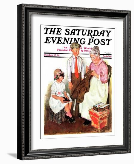 "Mending His Jacket," Saturday Evening Post Cover, October 17, 1931-Ellen Pyle-Framed Giclee Print