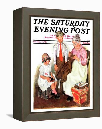 "Mending His Jacket," Saturday Evening Post Cover, October 17, 1931-Ellen Pyle-Framed Premier Image Canvas