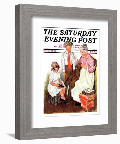 "Mending His Jacket," Saturday Evening Post Cover, October 17, 1931-Ellen Pyle-Framed Giclee Print