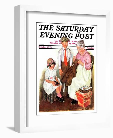 "Mending His Jacket," Saturday Evening Post Cover, October 17, 1931-Ellen Pyle-Framed Giclee Print