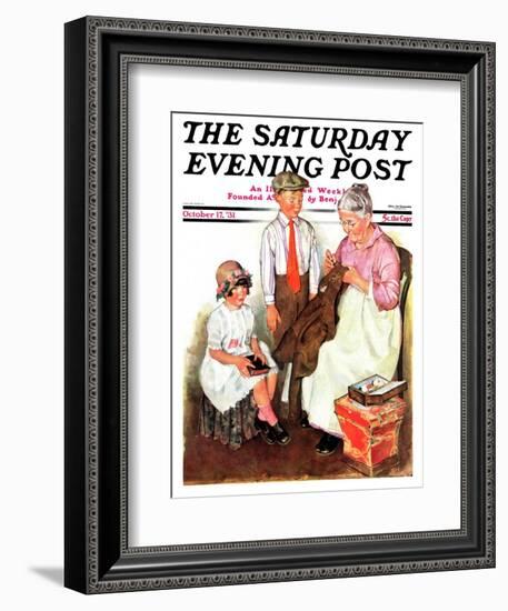 "Mending His Jacket," Saturday Evening Post Cover, October 17, 1931-Ellen Pyle-Framed Giclee Print