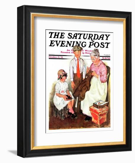 "Mending His Jacket," Saturday Evening Post Cover, October 17, 1931-Ellen Pyle-Framed Giclee Print