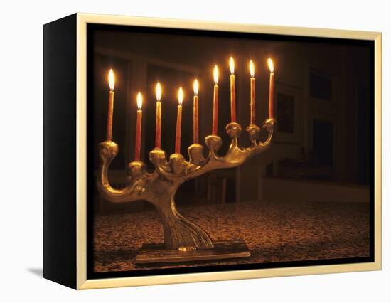Menorah with Candles, Lit for Chanukah, Bellevue, Washington, USA-Merrill Images-Framed Premier Image Canvas