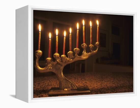 Menorah with Candles, Lit for Chanukah, Bellevue, Washington, USA-Merrill Images-Framed Premier Image Canvas