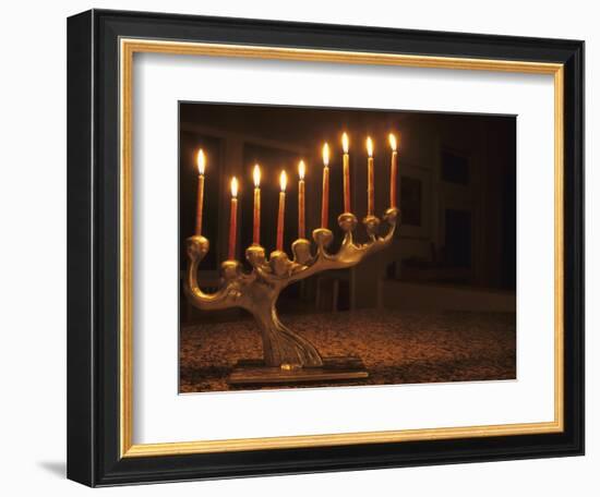 Menorah with Candles, Lit for Chanukah, Bellevue, Washington, USA-Merrill Images-Framed Photographic Print